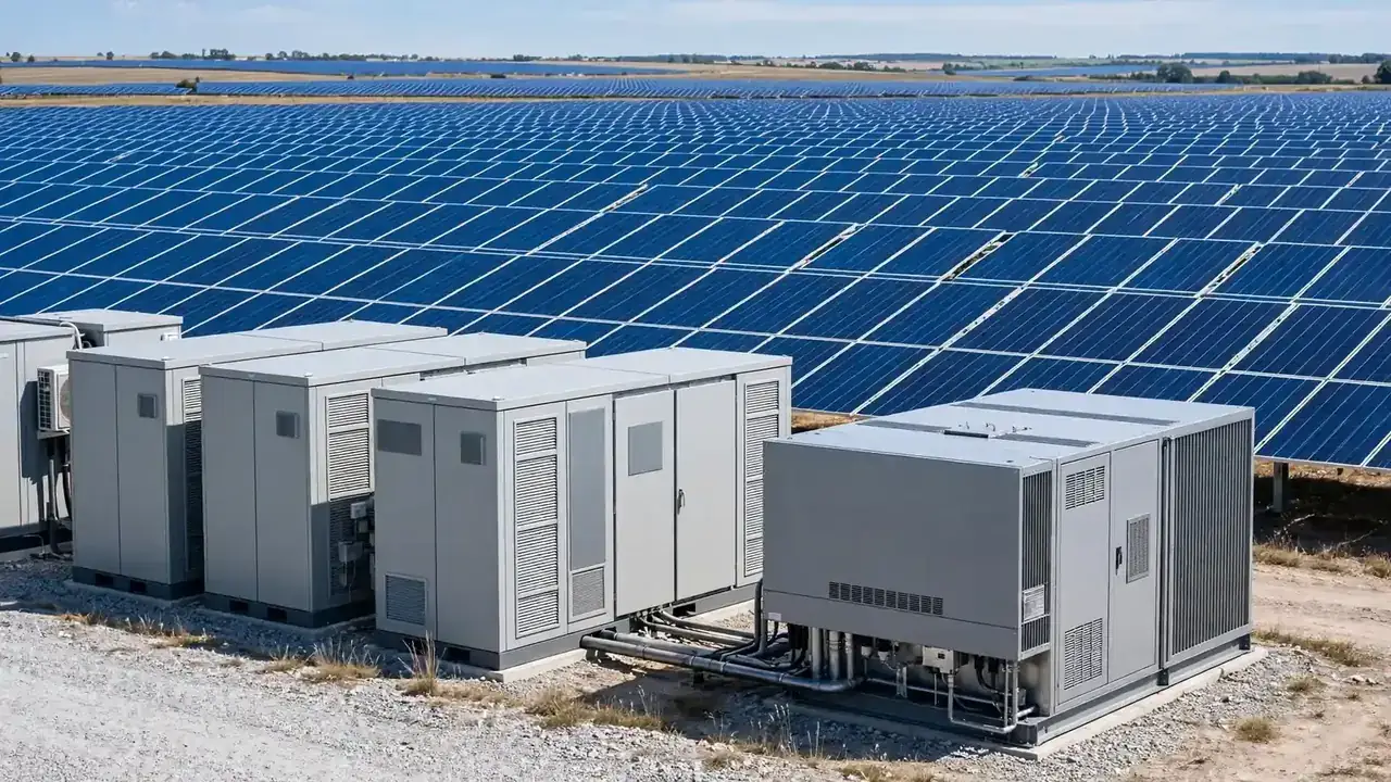 Solar power plant and energy infrastructure at sunrise (channel banner)