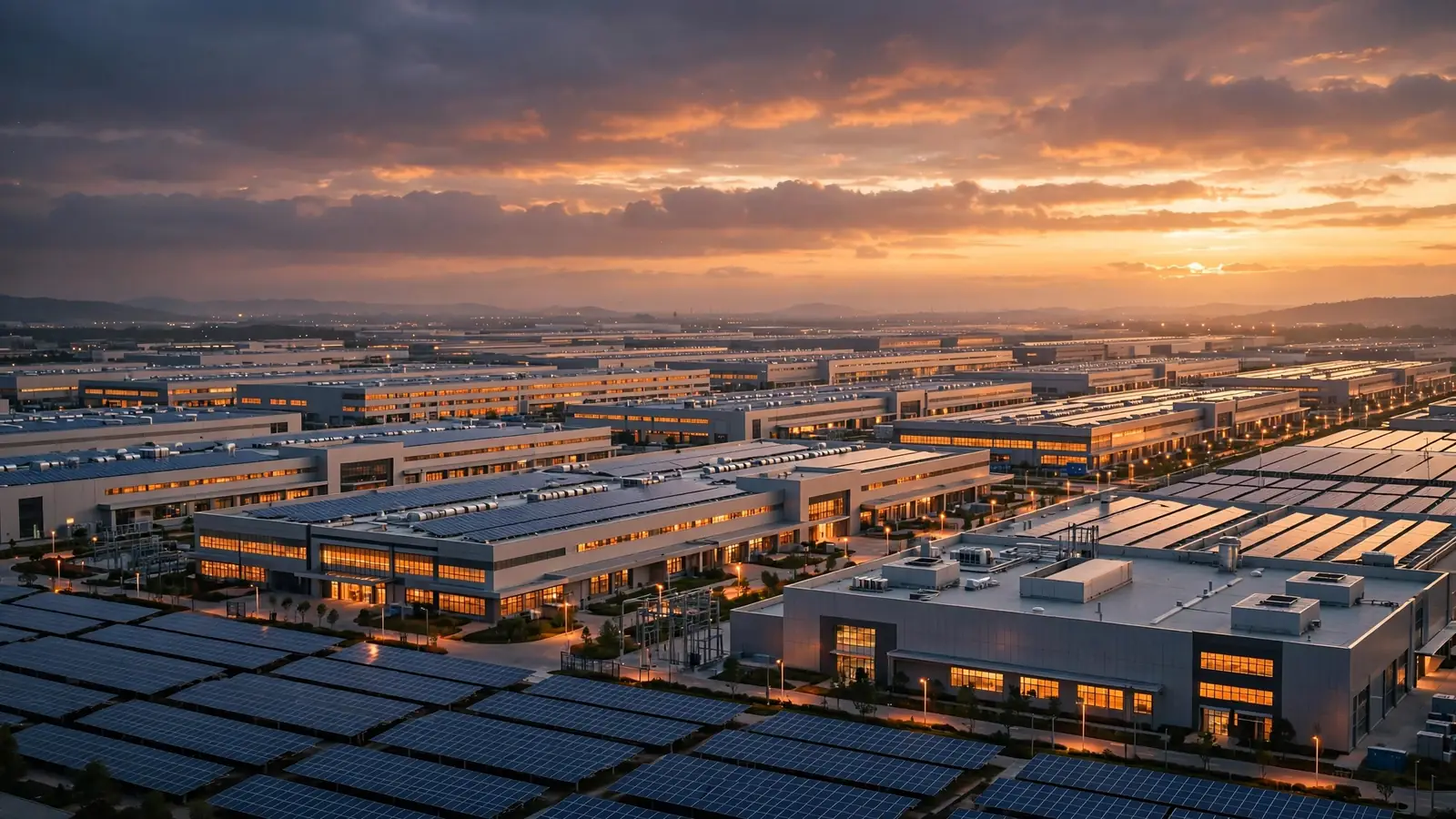Aerial view of modern Chinese manufacturing facilities at dusk